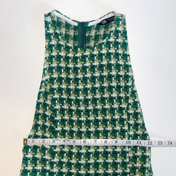 Zara Green Houndstooth Tweed Pinafore Mini Dress Sleeveless Textured Cotton XS - Picture 10 of 16